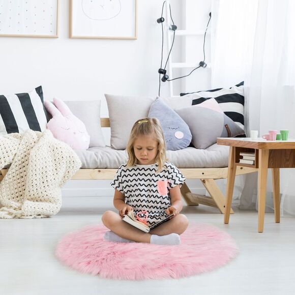 Faux Fur Round Rug Fluffy Area Rugs for Bedroom 3 x 3 Feet Light Pink - Picture 4 of 6